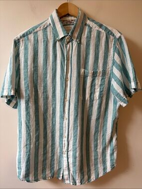 Porter and Ash Men's Short Sleeve Button-Down Shirt in Teal and White Stripes